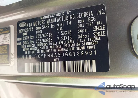 2016 Kia Sorento 3.3L Ex z USA, uszkodzony, nr VIN 5XYPH4A50GG139901